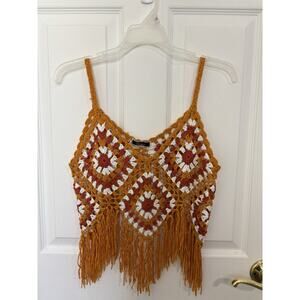 Crocheted Crop Top with Tassels Boho Granny Square Sz Medium Festival Hippie